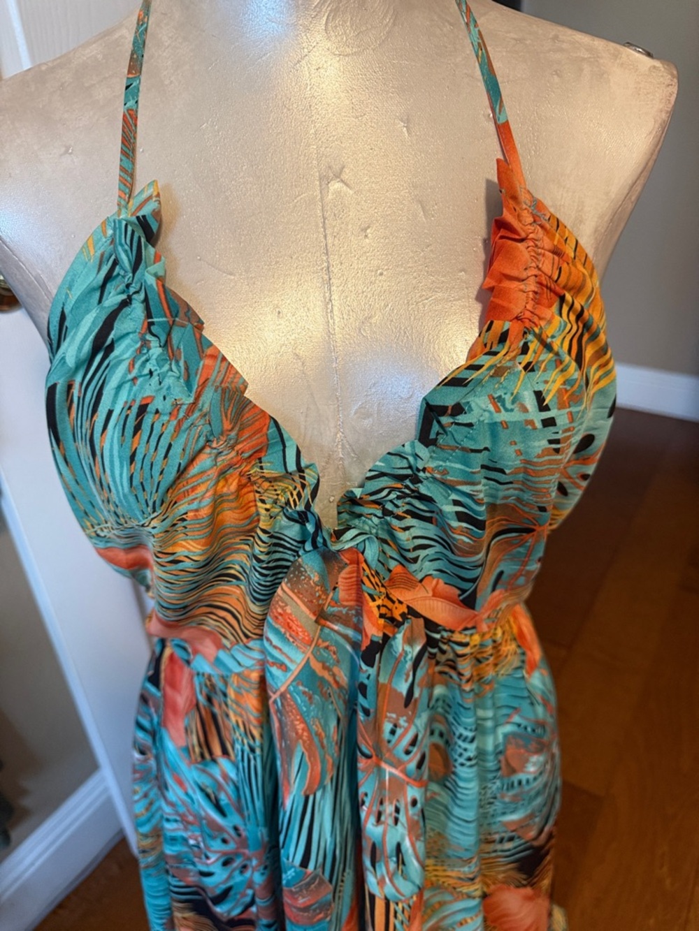 Cupshe Tropical Palm Leaf Halter Maxi Dress Green White Boho Resort Wear Size L - Picture 4 of 13